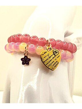 Pink Bracelet Stack, Purple Flower Charm Bracelet, Coquette Beaded Bracelets